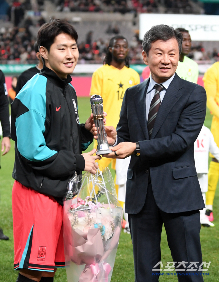  Chairman Lee Kang-in Jung Mong-gyu takes a commemorative photo with the AFC International Award trophy of the year