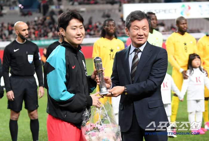  Chairman Lee Kang-in Jung Mong-gyu takes a commemorative photo with the AFC International Award trophy of the year