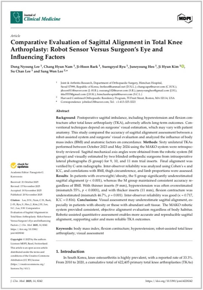 Himchan Hospital presents a paper on the accuracy of alignment of the sagittal plane for robot artificial joint surgery...Difference between doctor's eye vs robot sensor